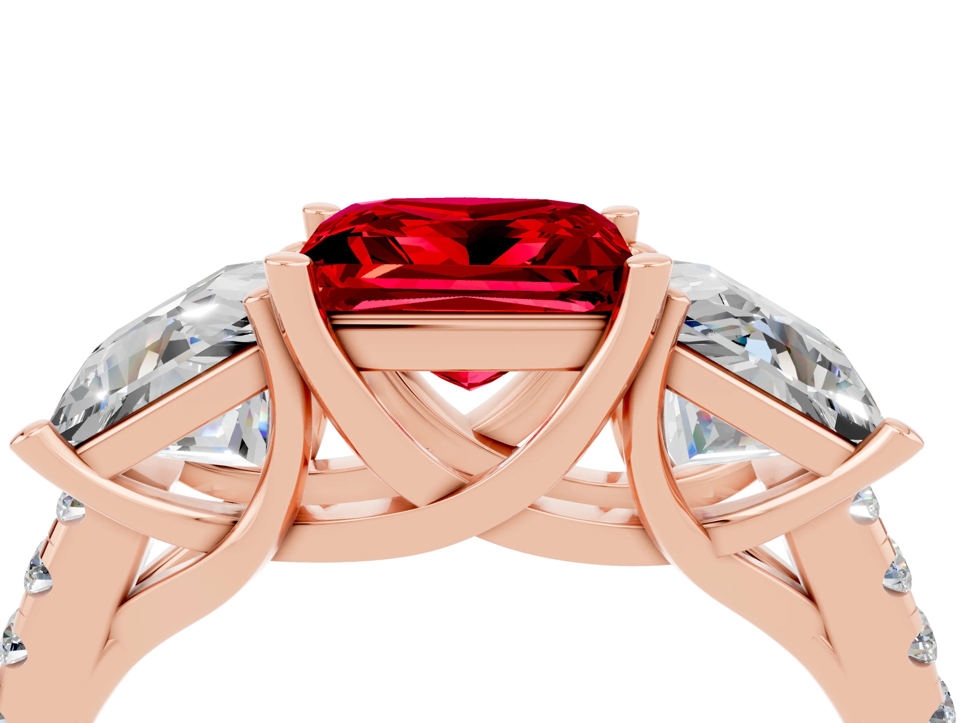 Rose gold Three-Stone Princess Cut Ruby Ring with Round  Pavé Band and Prong Setting_40