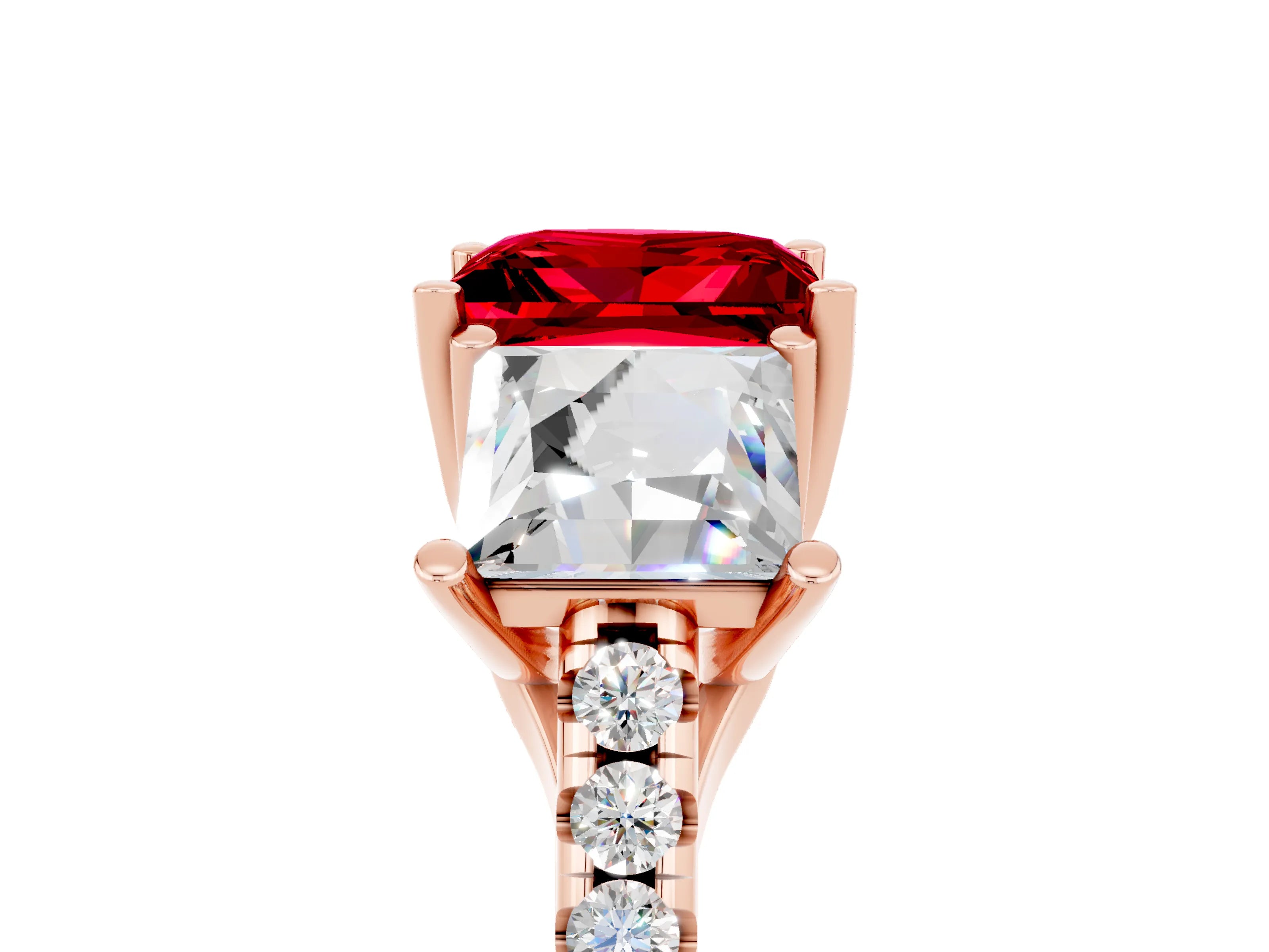 Rose gold Three-Stone Princess Cut Ruby Ring with Round  Pavé Band and Prong Setting_41