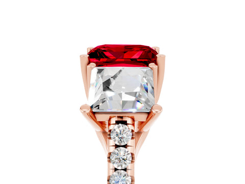 Rose gold Three-Stone Princess Cut Ruby Ring with Round  Pavé Band and Prong Setting_41