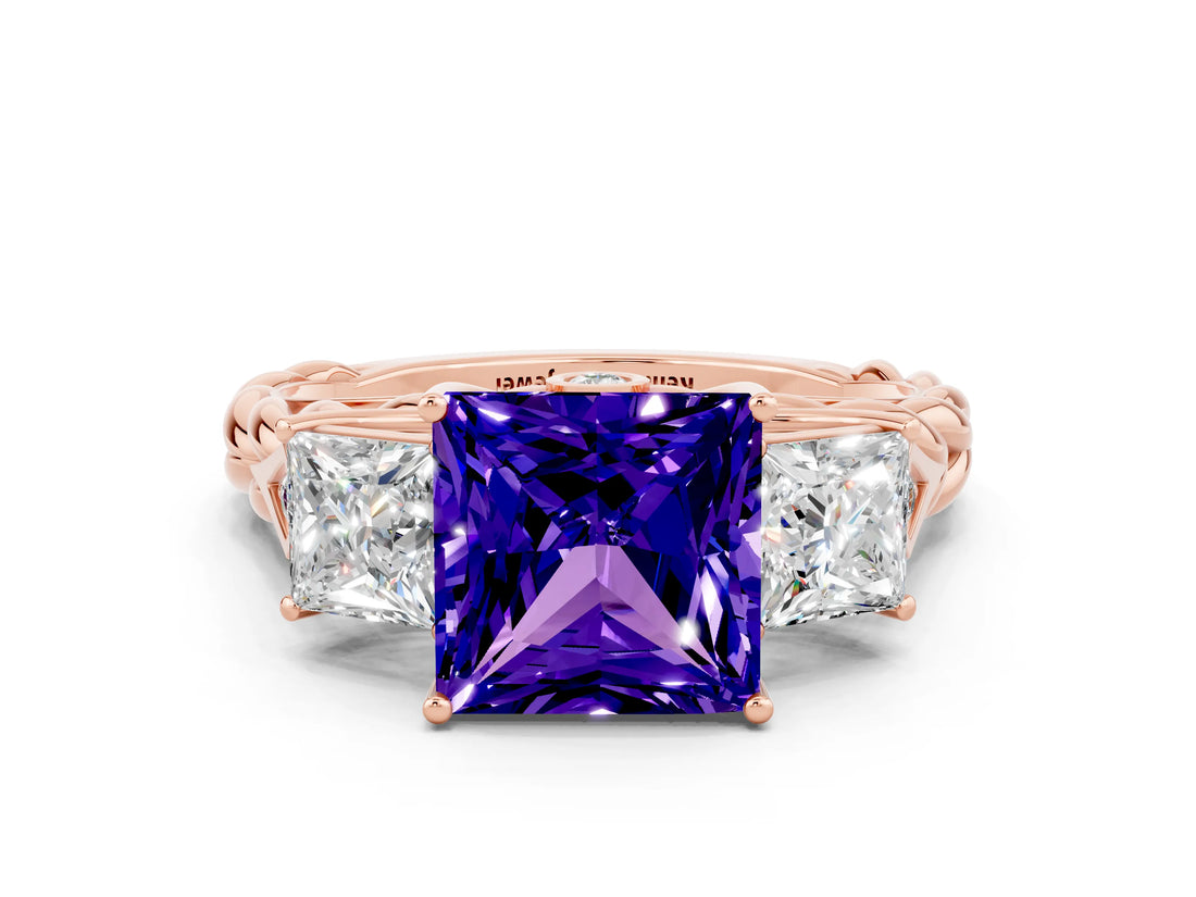 Rose gold Three-Stone Princess Cut Tanzanite Braided Band Ring with Four-Prong Setting_12