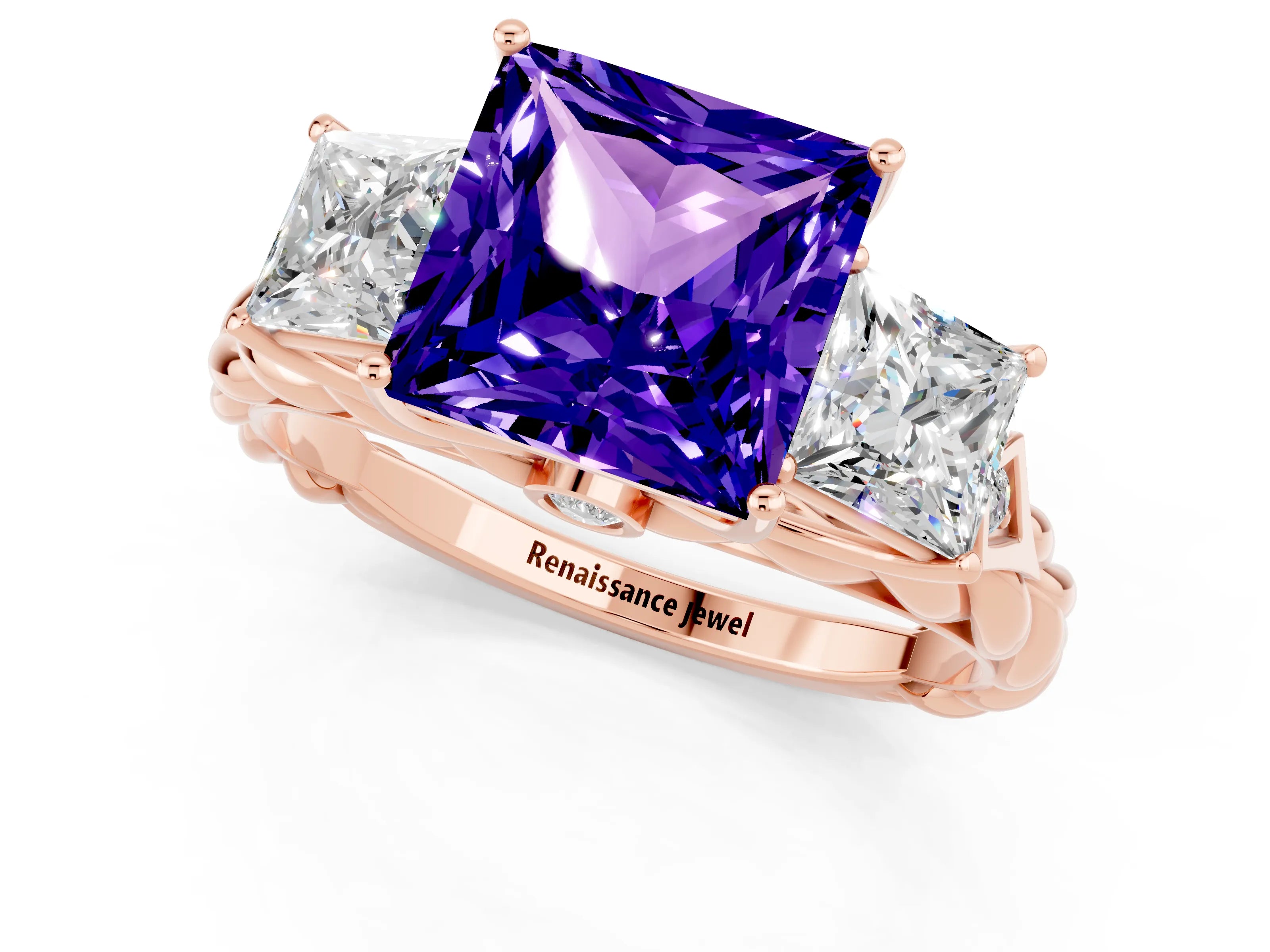 Rose gold Three-Stone Princess Cut Tanzanite Braided Band Ring with Four-Prong Setting_13
