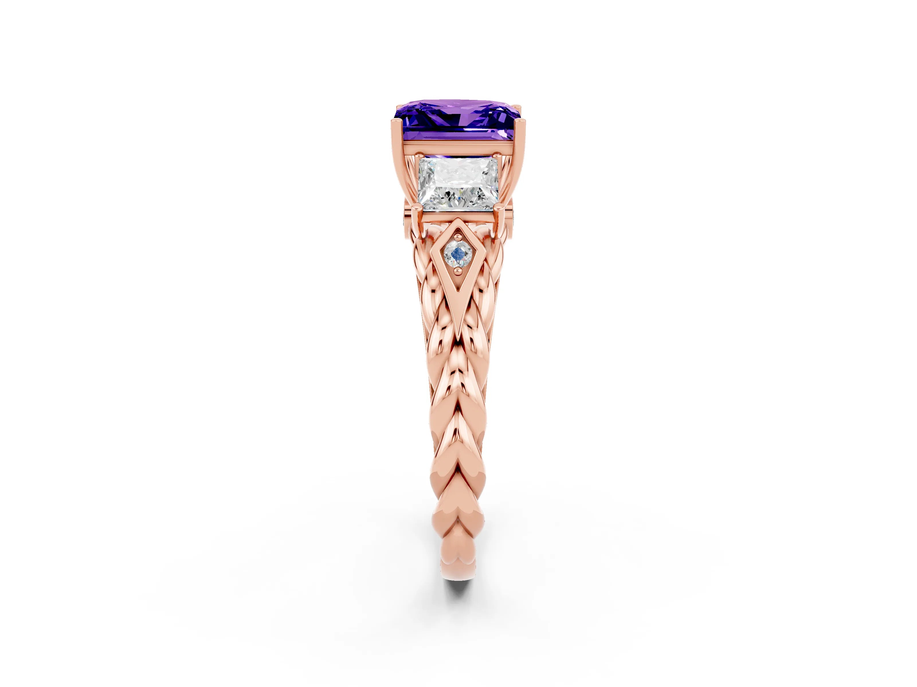 Rose gold Three-Stone Princess Cut Tanzanite Braided Band Ring with Four-Prong Setting_14