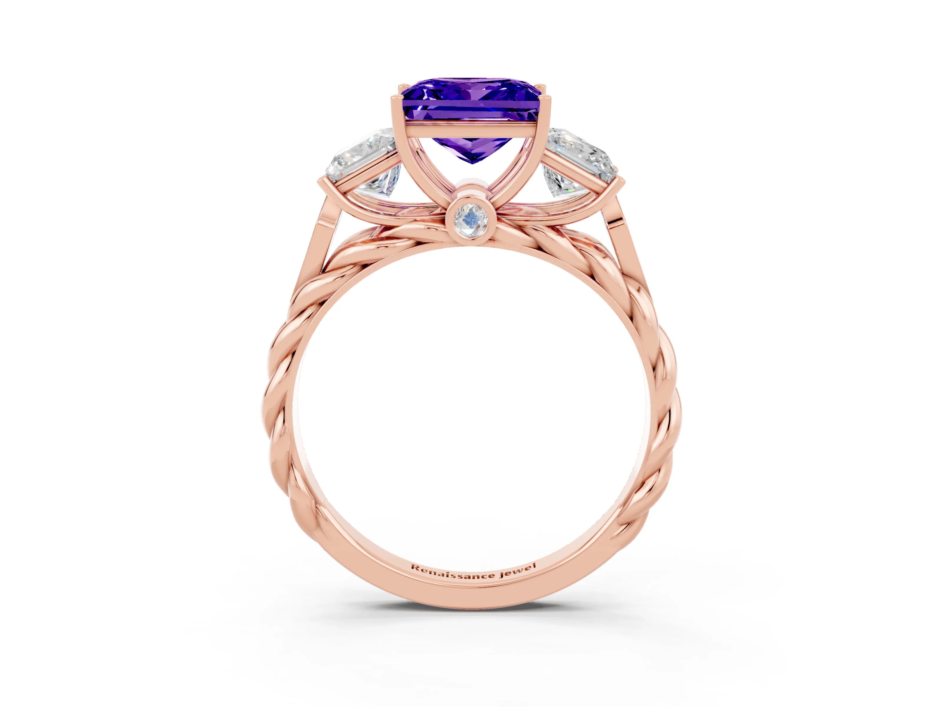 Rose gold Three-Stone Princess Cut Tanzanite Braided Band Ring with Four-Prong Setting_15