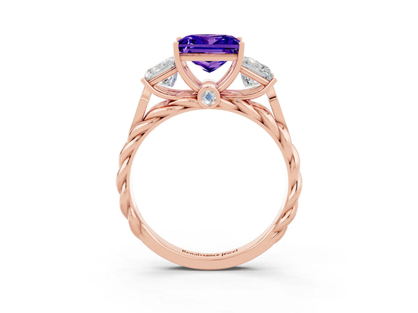 Rose gold Three-Stone Princess Cut Tanzanite Braided Band Ring with Four-Prong Setting