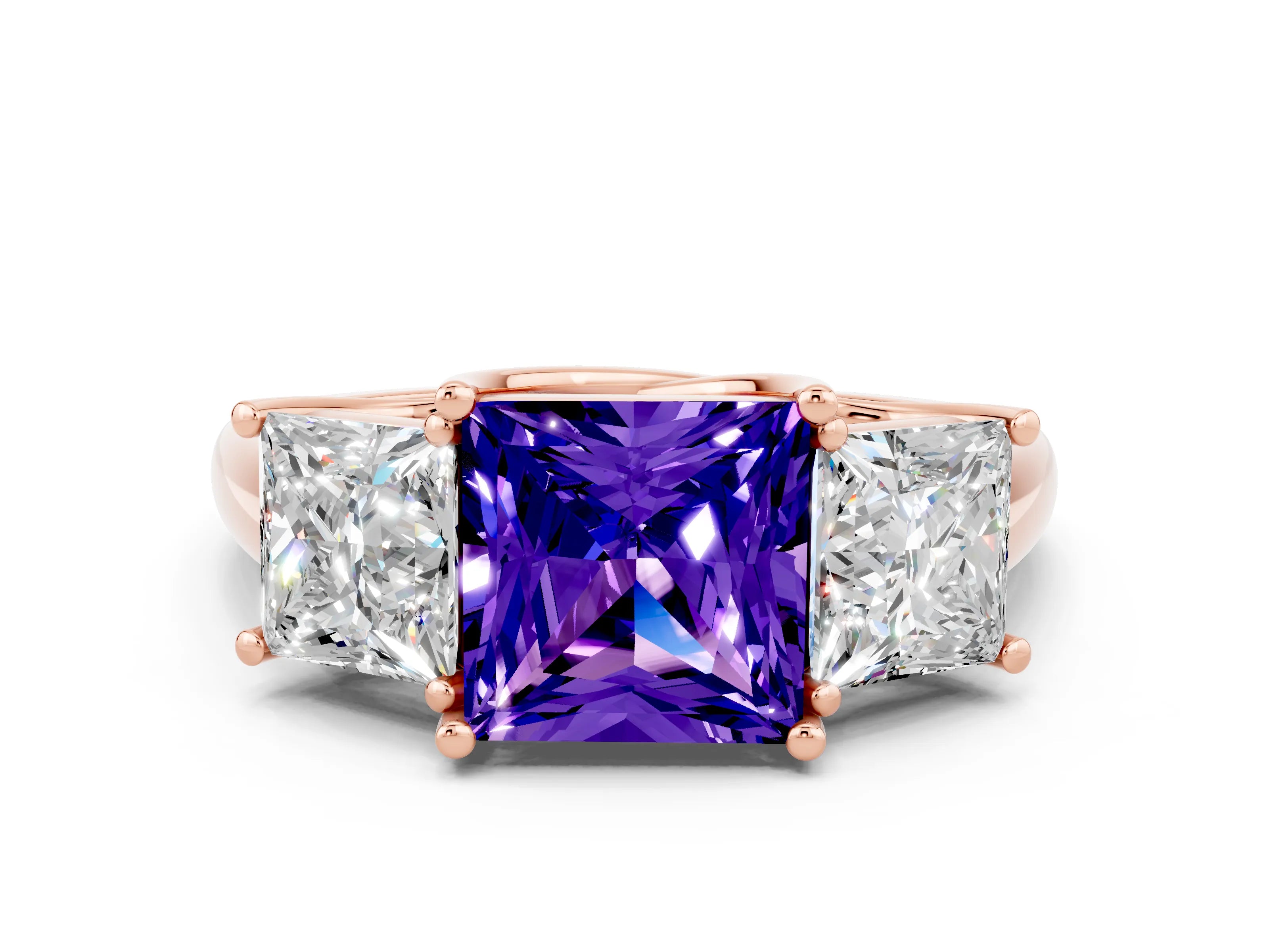 Rose gold Three-Stone Princess Cut Tanzanite Engagement Ring with Prong Setting