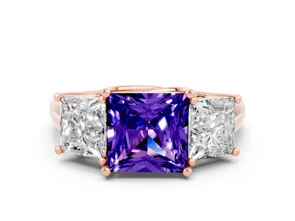 Rose gold Three-Stone Princess Cut Tanzanite Engagement Ring with Prong Setting