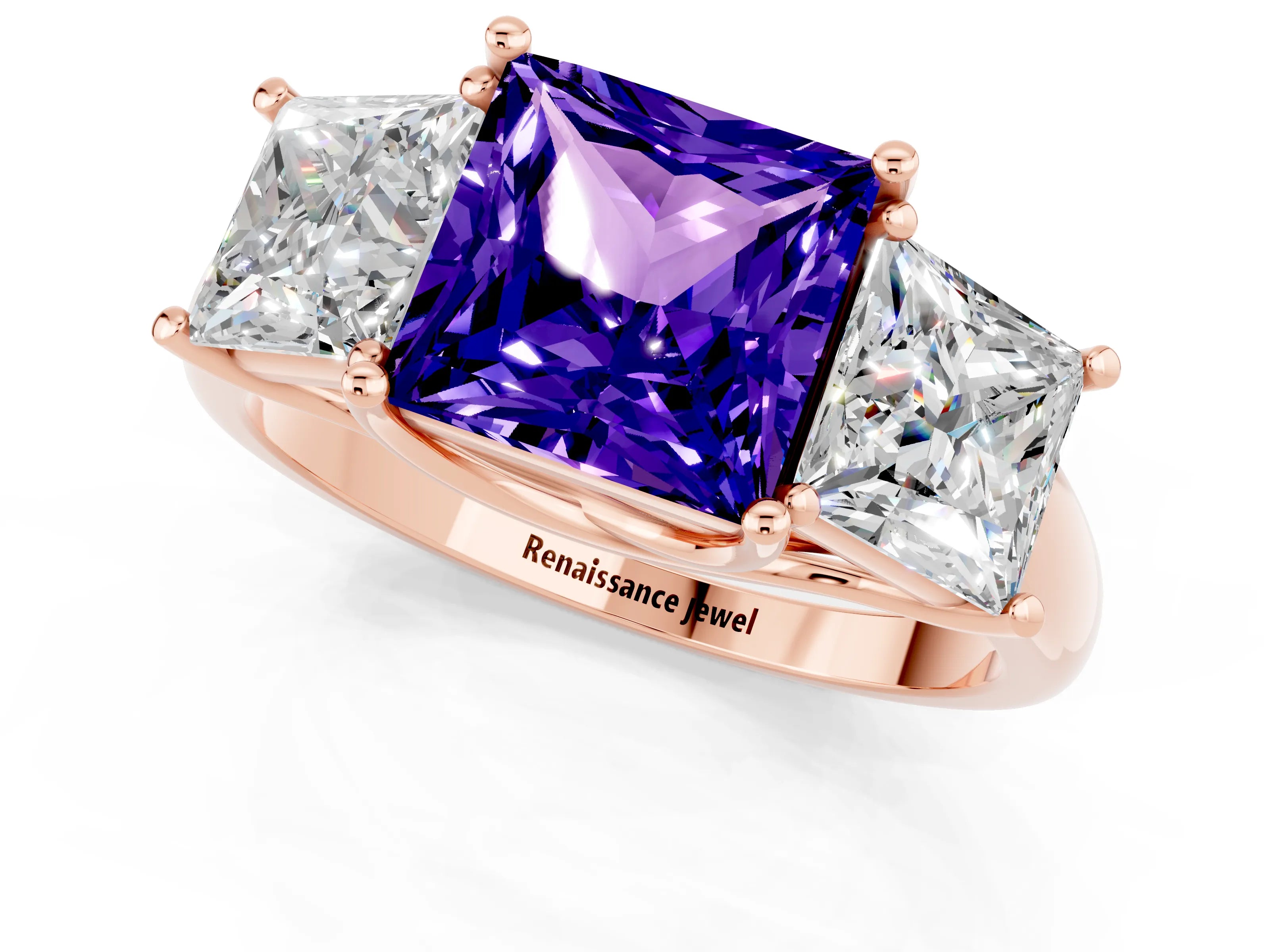 Rose gold Three-Stone Princess Cut Tanzanite Engagement Ring with Prong Setting_1