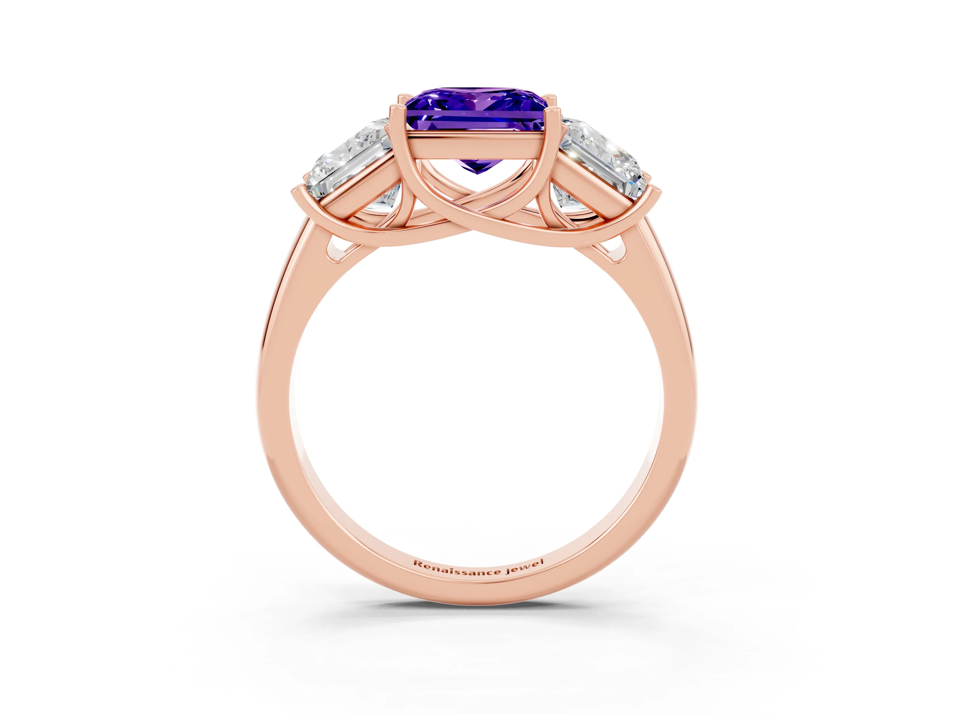 Rose gold Three-Stone Princess Cut Tanzanite Engagement Ring with Prong Setting_3