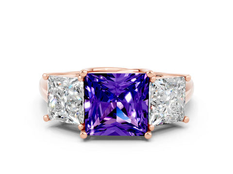 Rose gold Three-Stone Princess Cut Tanzanite Engagement Ring with Prong Setting