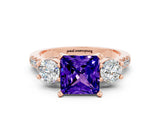 Rose gold Three-Stone Princess Cut Tanzanite Pavé Band with Four-Prong Setting