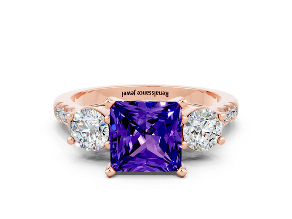 Rose gold Three-Stone Princess Cut Tanzanite Pavé Band with Four-Prong Setting