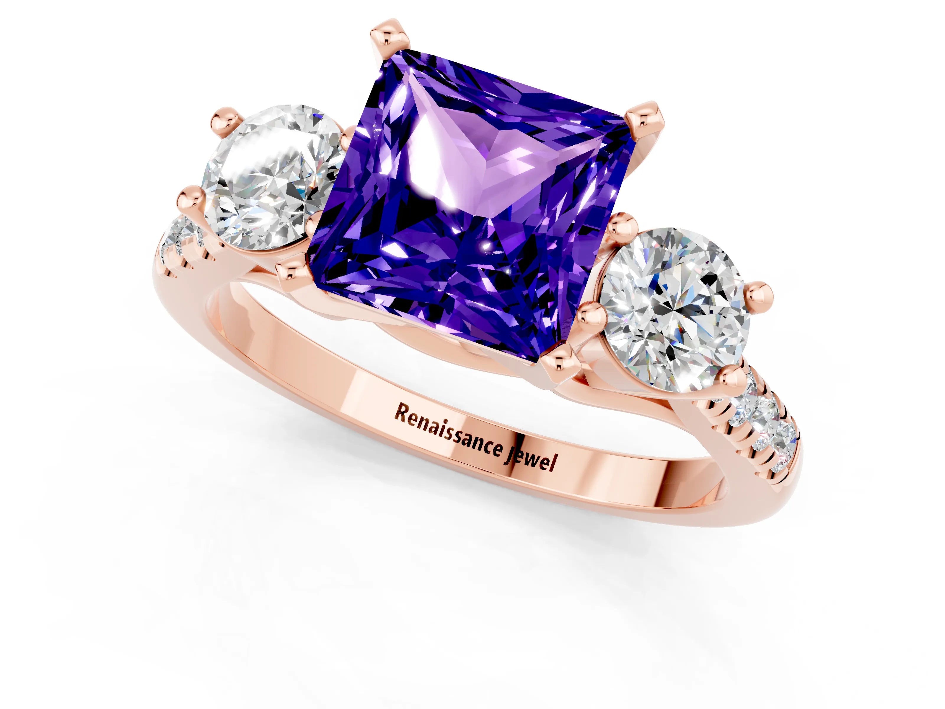 Rose gold Three-Stone Princess Cut Tanzanite Pavé Band with Four-Prong Setting_1