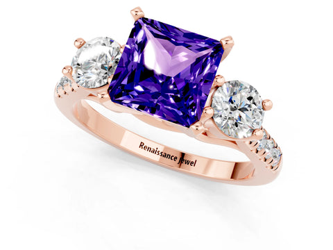 Rose gold Three-Stone Princess Cut Tanzanite Pavé Band with Four-Prong Setting_1