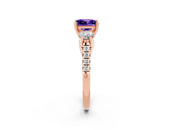 Rose gold Three-Stone Princess Cut Tanzanite Pavé Band with Four-Prong Setting