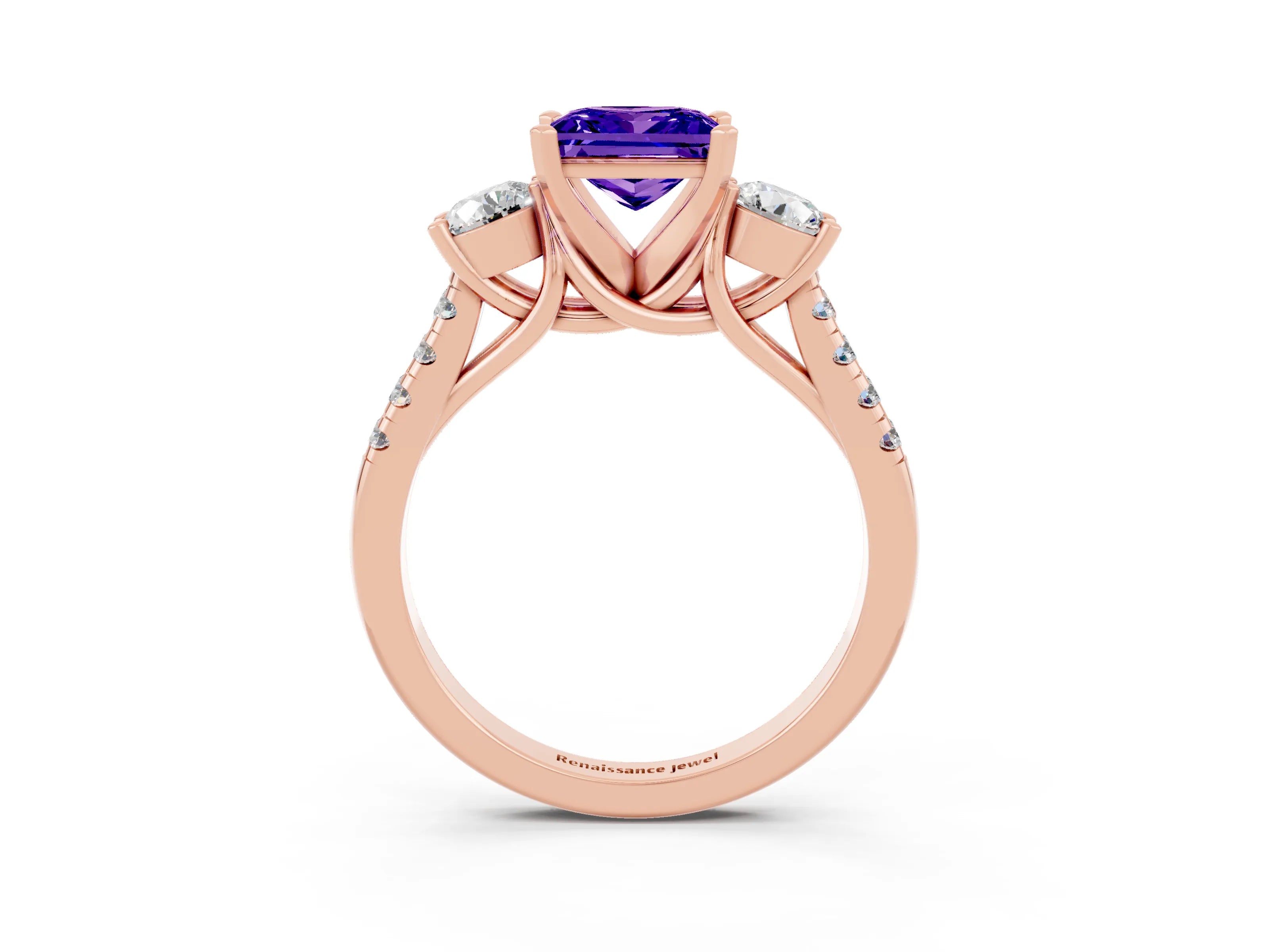Rose gold Three-Stone Princess Cut Tanzanite Pavé Band with Four-Prong Setting_3