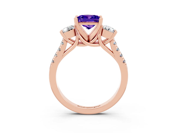 Rose gold Three-Stone Princess Cut Tanzanite Pavé Band with Four-Prong Setting