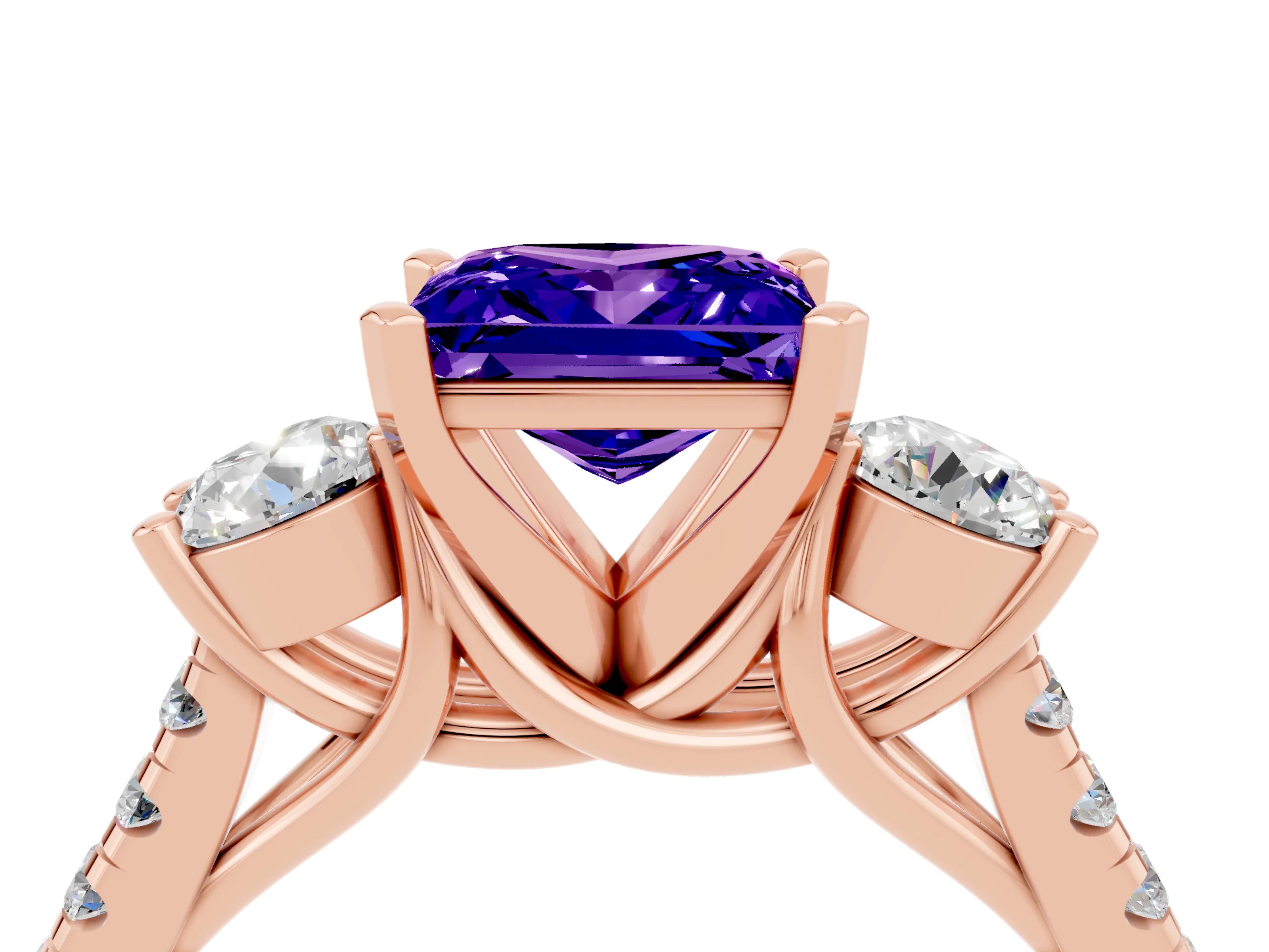 Rose gold Three-Stone Princess Cut Tanzanite Pavé Band with Four-Prong Setting_4
