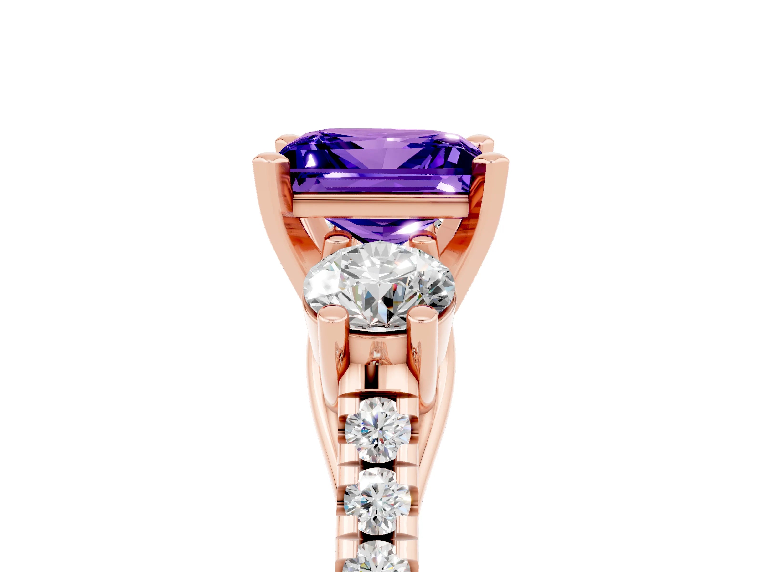 Rose gold Three-Stone Princess Cut Tanzanite Pavé Band with Four-Prong Setting_5