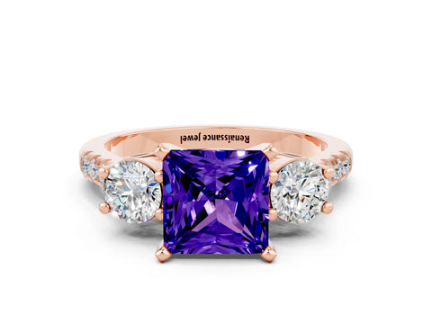 Rose gold Three-Stone Princess Cut Tanzanite Pavé Band with Four-Prong Setting