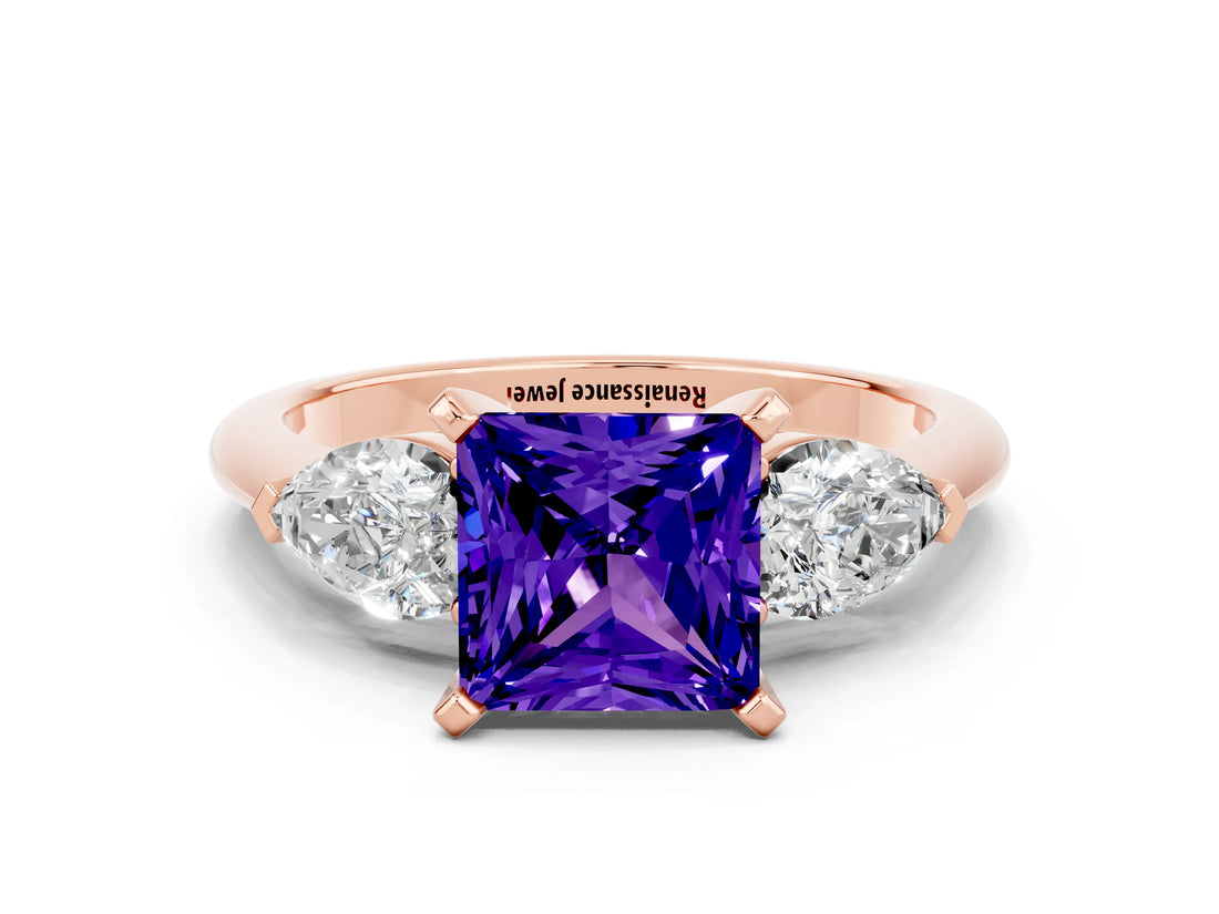 Rose gold Three-Stone Princess Cut Tanzanite Ring with Pear Side Stones and Four-Prong Setting