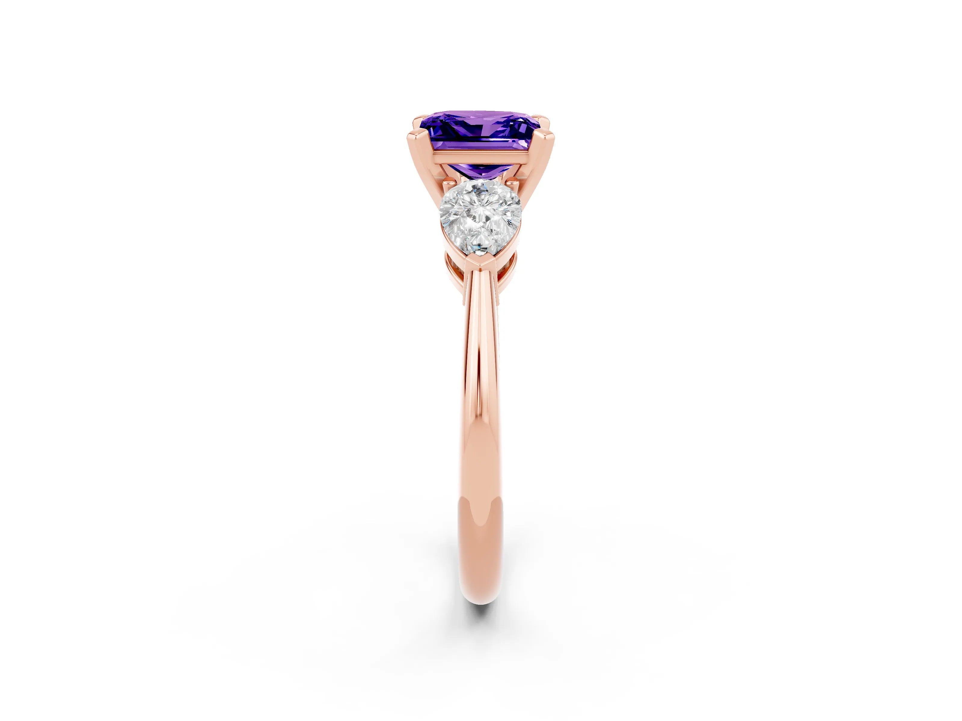 Rose gold Three-Stone Princess Cut Tanzanite Ring with Pear Side Stones and Four-Prong Setting_2