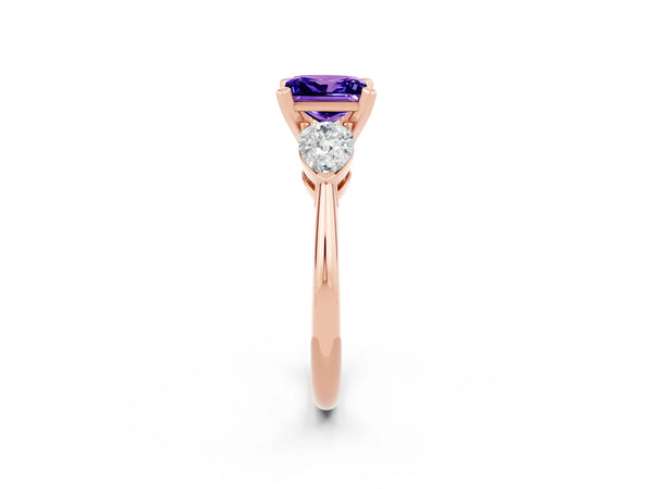 Rose gold Three-Stone Princess Cut Tanzanite Ring with Pear Side Stones and Four-Prong Setting