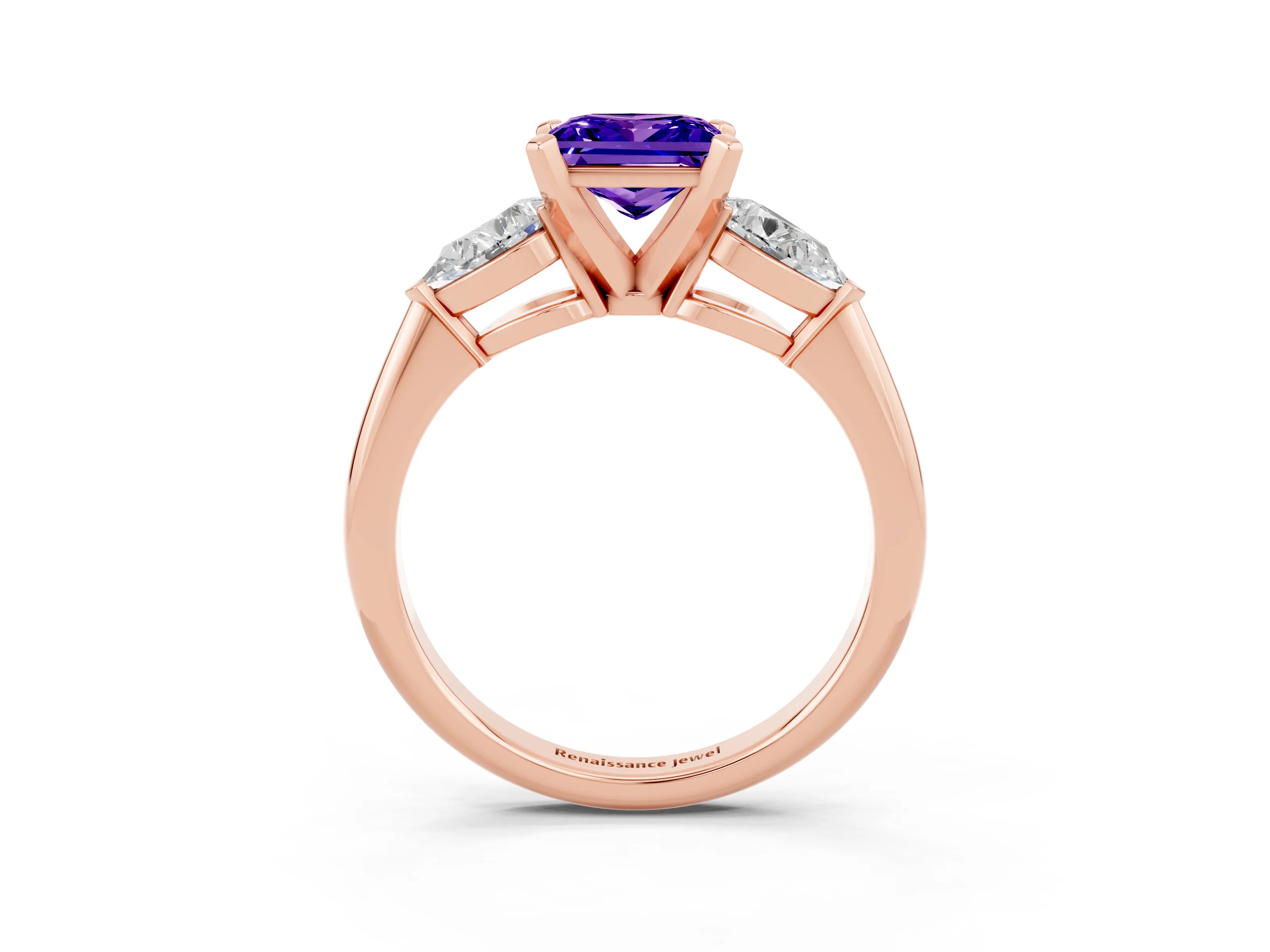 Rose gold Three-Stone Princess Cut Tanzanite Ring with Pear Side Stones and Four-Prong Setting_3