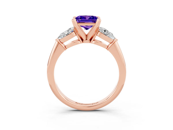 Rose gold Three-Stone Princess Cut Tanzanite Ring with Pear Side Stones and Four-Prong Setting
