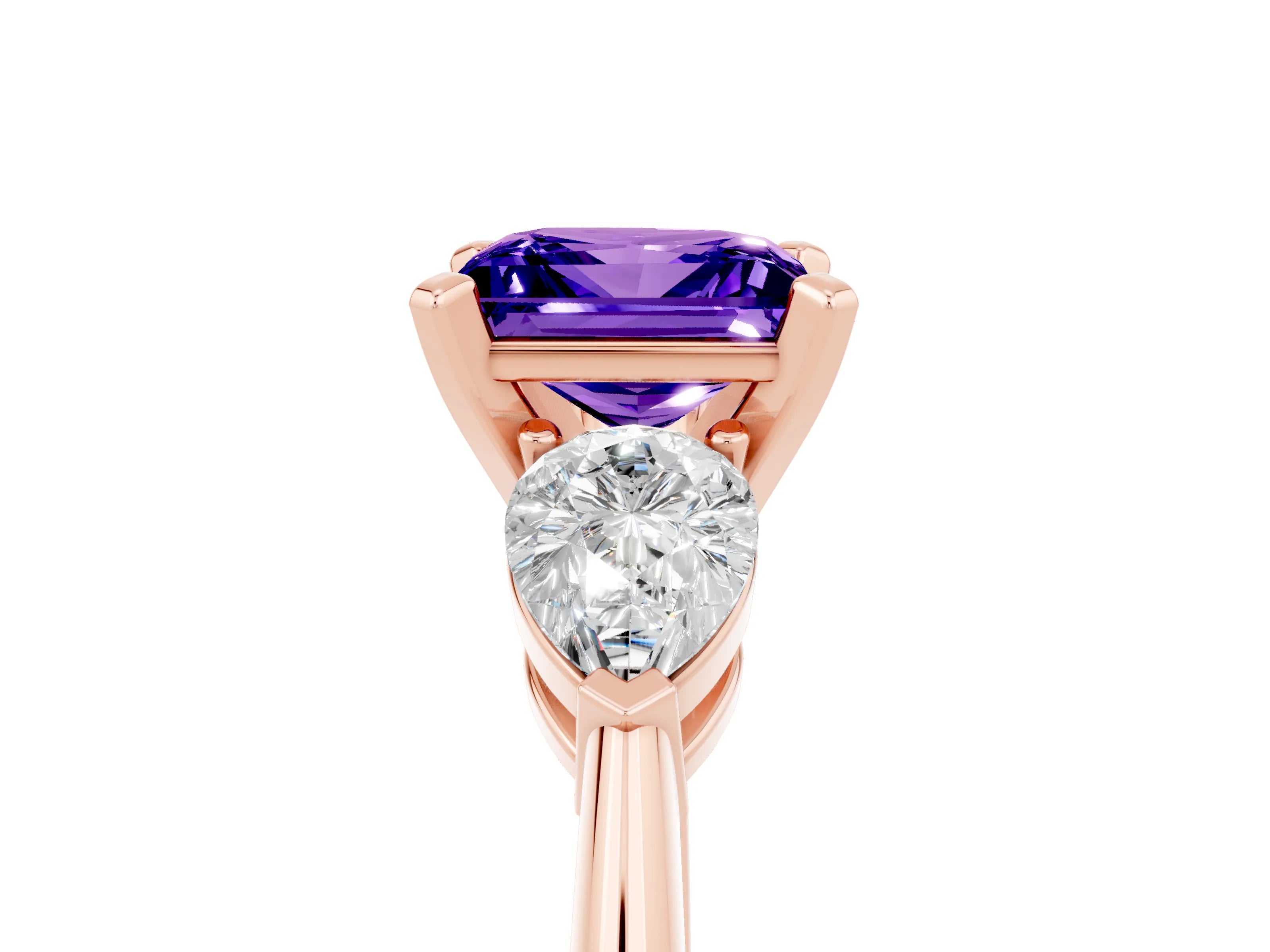 Rose gold Three-Stone Princess Cut Tanzanite Ring with Pear Side Stones and Four-Prong Setting_5