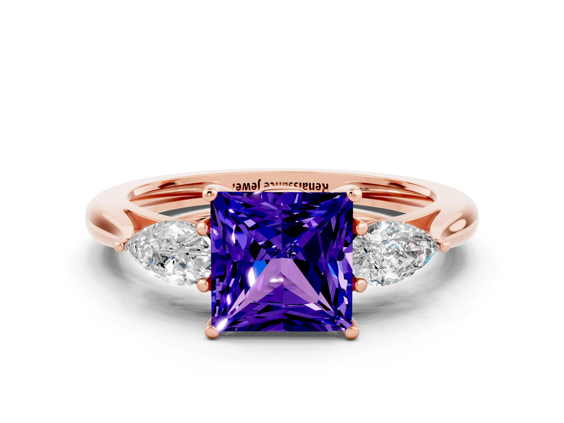 Rose gold Three-Stone Princess Cut Tanzanite Ring with Pear  Side Stones in Four-Prong Setting_12