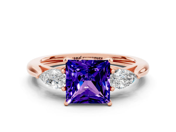 Rose gold Three-Stone Princess Cut Tanzanite Ring with Pear  Side Stones in Four-Prong Setting