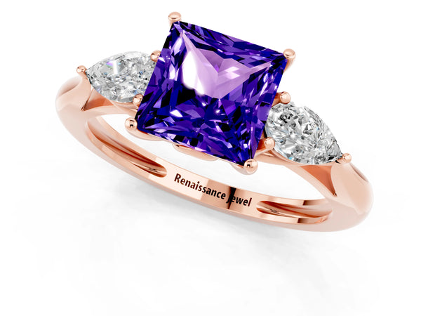 Rose gold Three-Stone Princess Cut Tanzanite Ring with Pear  Side Stones in Four-Prong Setting