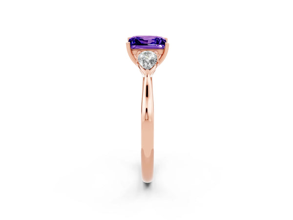 Rose gold Three-Stone Princess Cut Tanzanite Ring with Pear  Side Stones in Four-Prong Setting