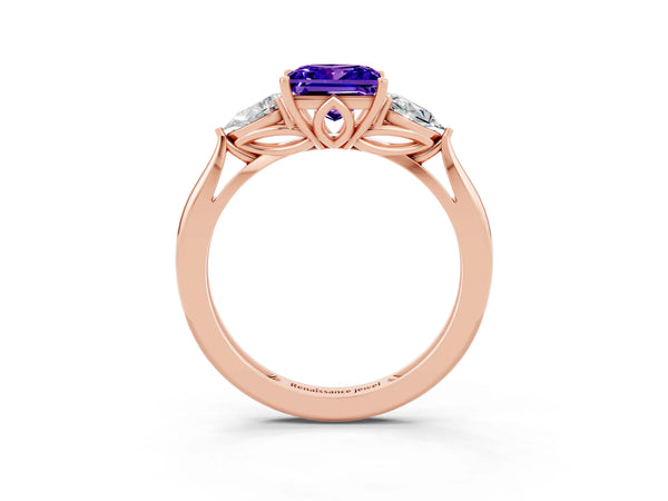 Rose gold Three-Stone Princess Cut Tanzanite Ring with Pear  Side Stones in Four-Prong Setting