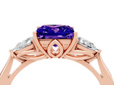 Rose gold Three-Stone Princess Cut Tanzanite Ring with Pear  Side Stones in Four-Prong Setting_16