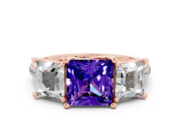 Rose gold Three-Stone Princess Cut Tanzanite Ring with Round  Pavé Band and Prong Setting