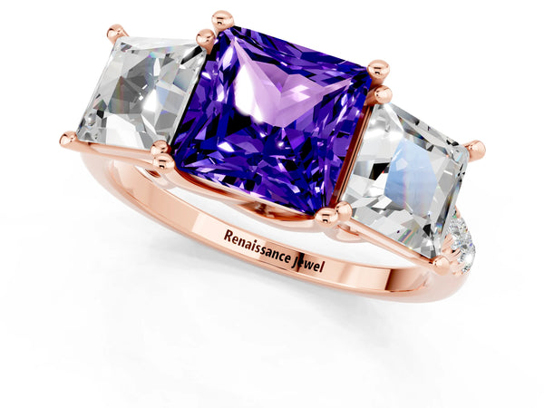 Rose gold Three-Stone Princess Cut Tanzanite Ring with Round  Pavé Band and Prong Setting
