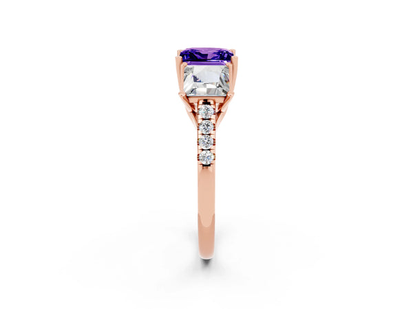 Rose gold Three-Stone Princess Cut Tanzanite Ring with Round  Pavé Band and Prong Setting
