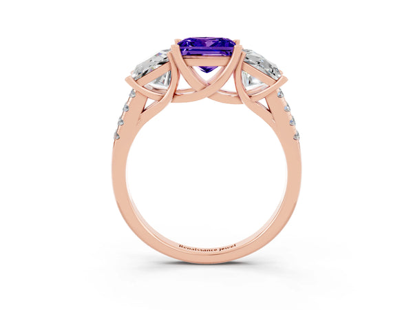Rose gold Three-Stone Princess Cut Tanzanite Ring with Round  Pavé Band and Prong Setting