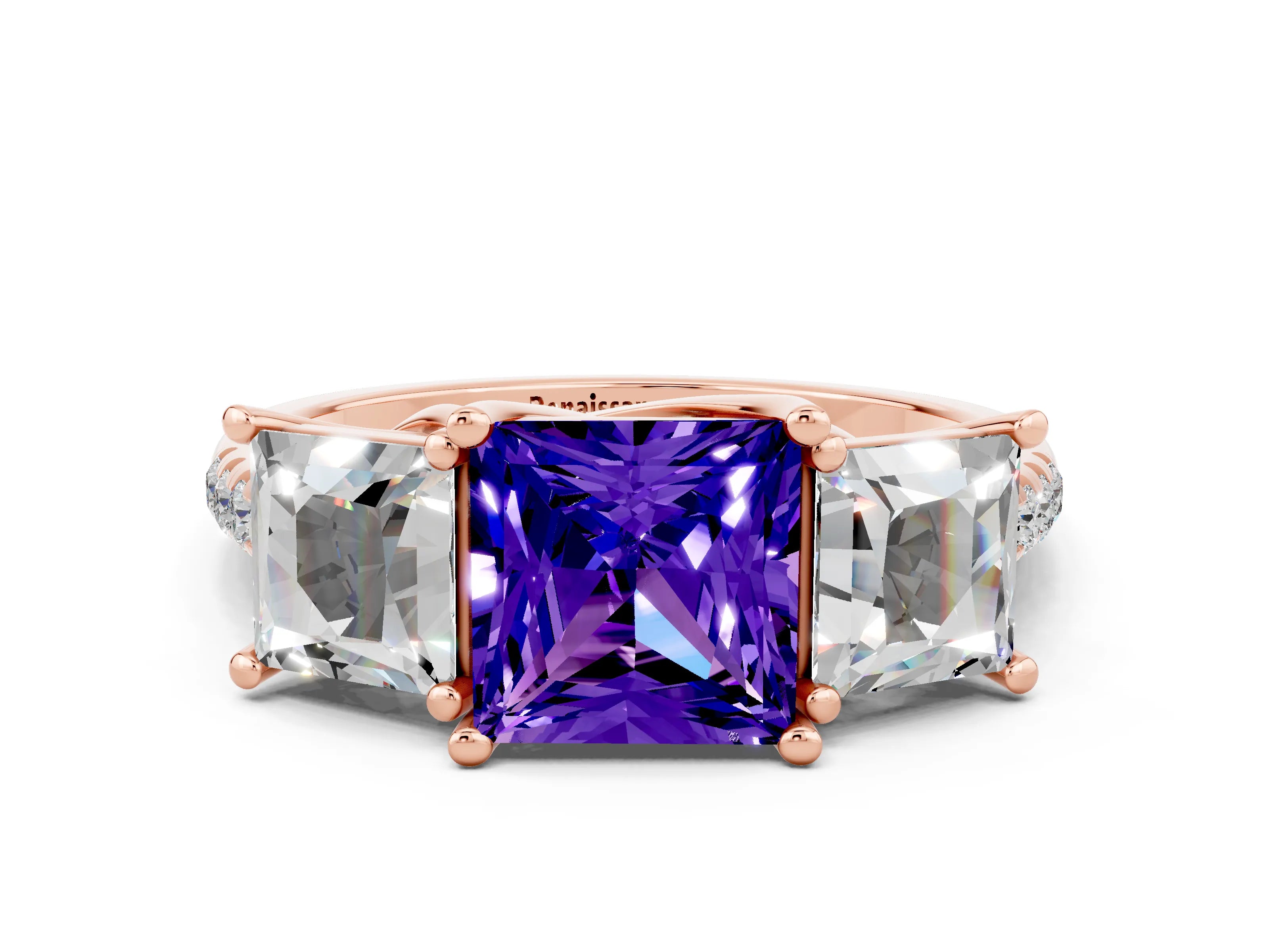 Rose gold Three-Stone Princess Cut Tanzanite Ring with Round  Pavé Band and Prong Setting_24