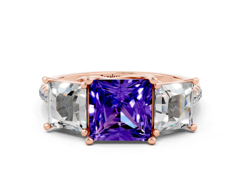 Rose gold Three-Stone Princess Cut Tanzanite Ring with Round  Pavé Band and Prong Setting_24
