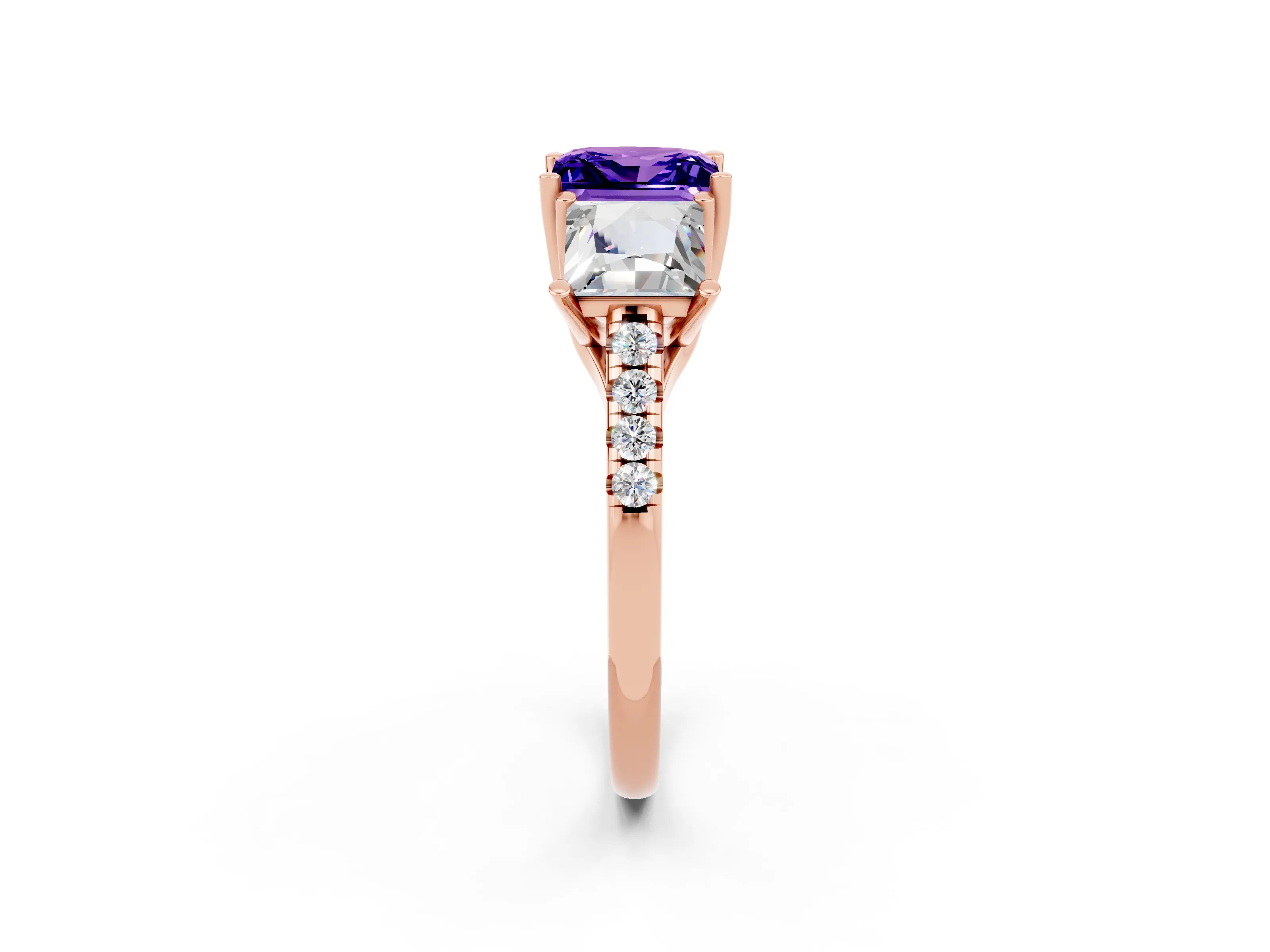 Rose gold Three-Stone Princess Cut Tanzanite Ring with Round  Pavé Band and Prong Setting_26