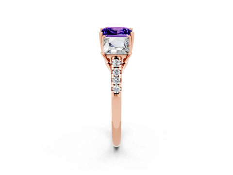 Rose gold Three-Stone Princess Cut Tanzanite Ring with Round  Pavé Band and Prong Setting_26