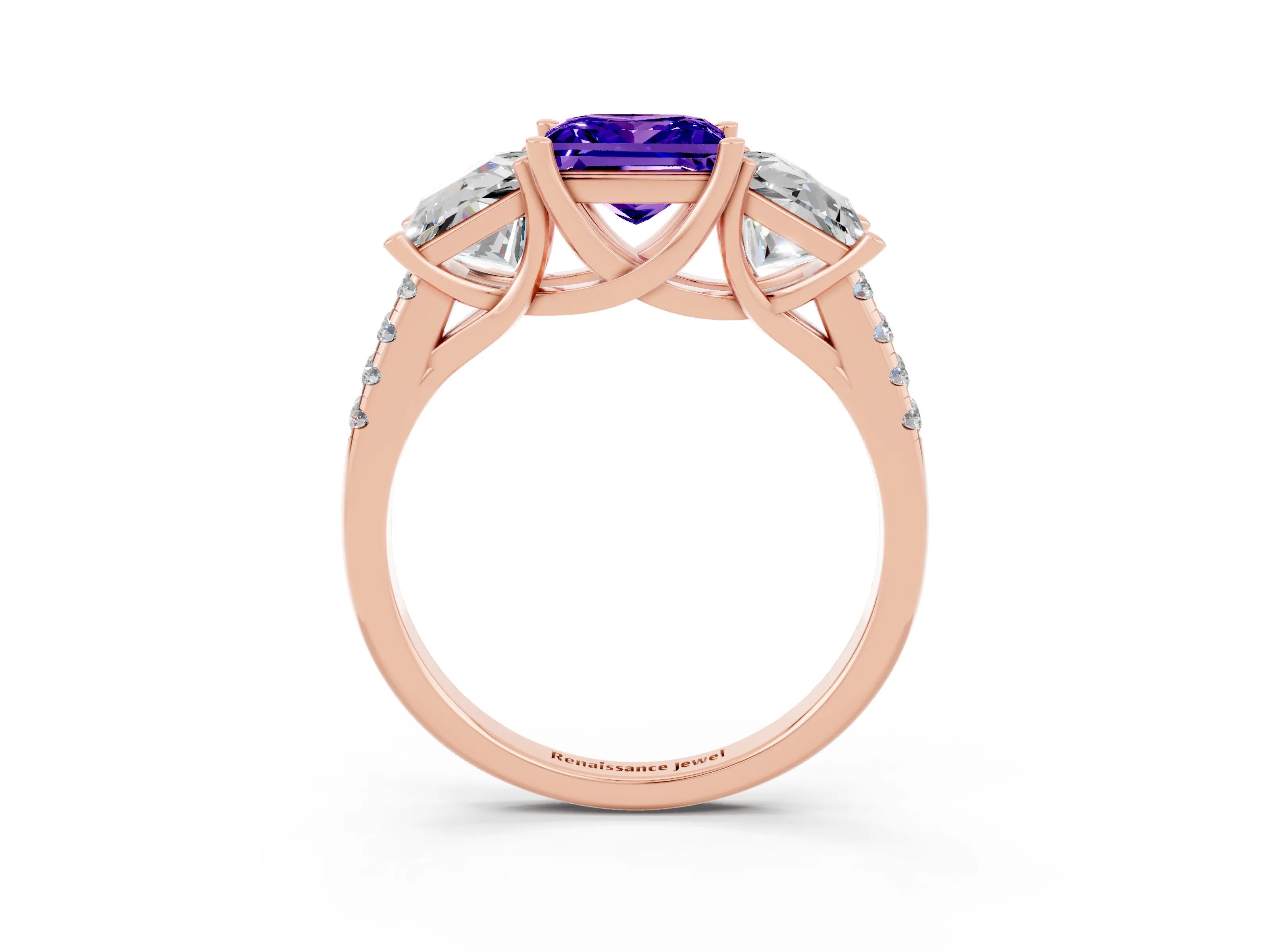 Rose gold Three-Stone Princess Cut Tanzanite Ring with Round  Pavé Band and Prong Setting_27