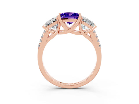 Rose gold Three-Stone Princess Cut Tanzanite Ring with Round  Pavé Band and Prong Setting_27
