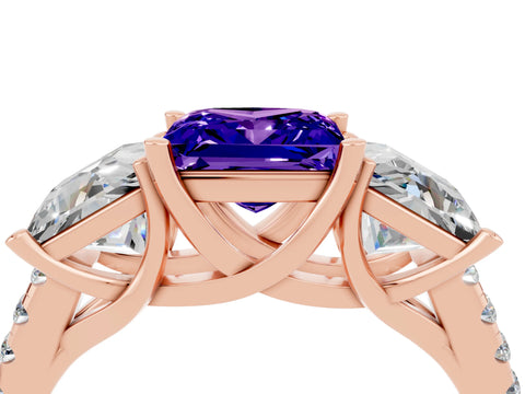 Rose gold Three-Stone Princess Cut Tanzanite Ring with Round  Pavé Band and Prong Setting_28
