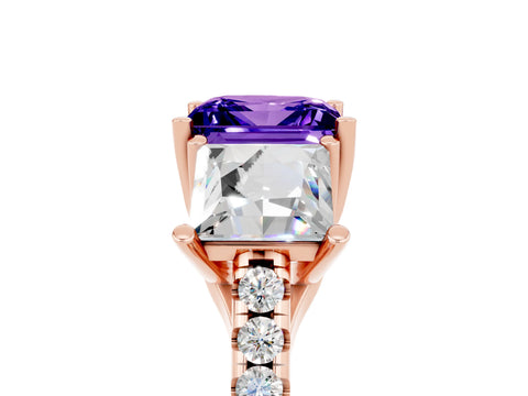Rose gold Three-Stone Princess Cut Tanzanite Ring with Round  Pavé Band and Prong Setting_29