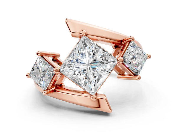 Rose gold Three-Stone Princess Cut Tension Band Ring with Four-Prong Setting