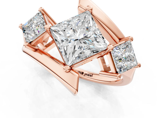 Rose gold Three-Stone Princess Cut Tension Band Ring with Four-Prong Setting