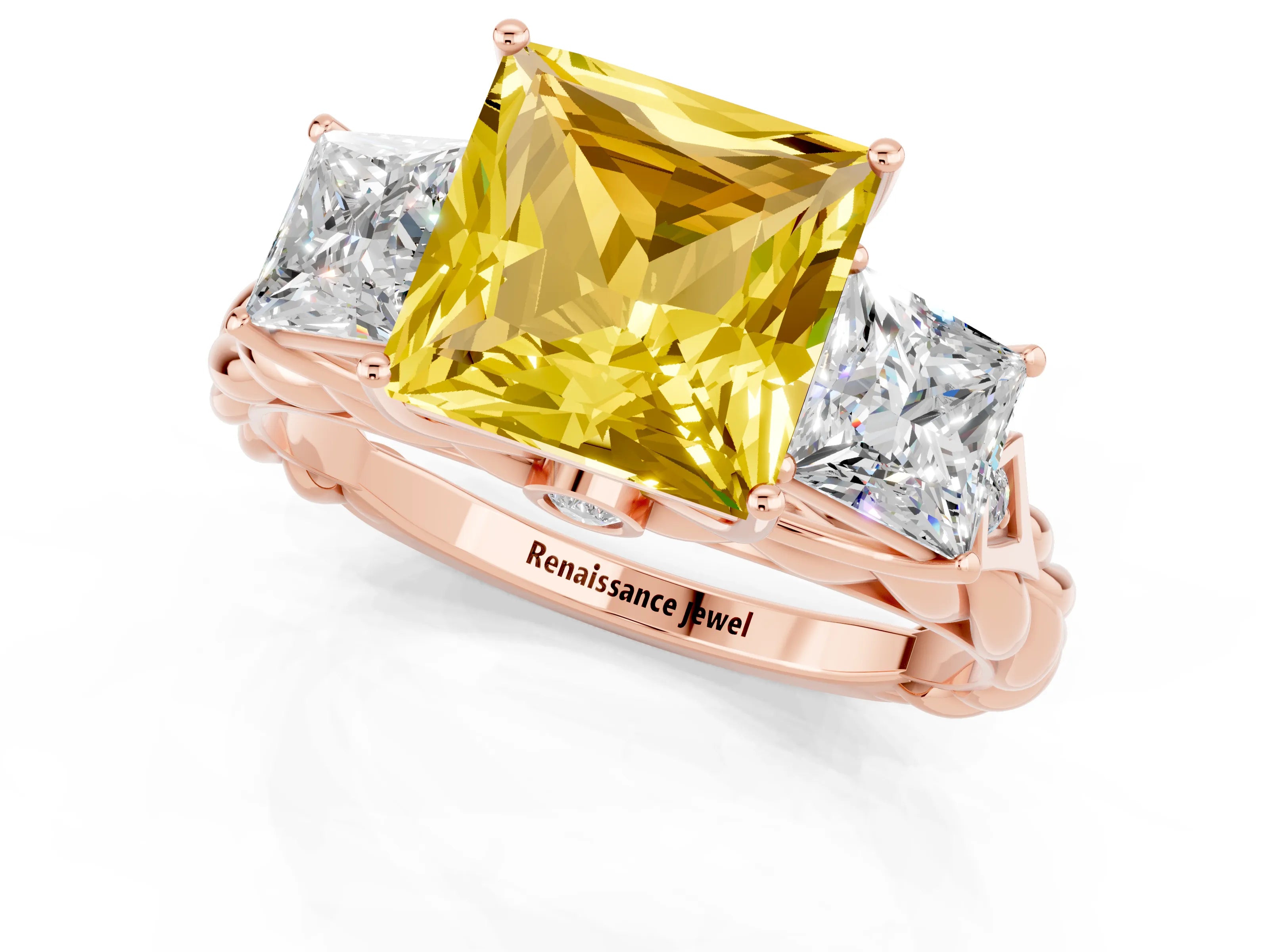 Rose gold Three-Stone Princess Cut Yellow Sapphire Braided Band Ring with Four-Prong Setting_37